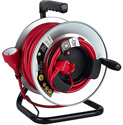 Electraline 208668 Profi-Gartentrommel mit Verlängerung aus Metall mit fester Platine, 40 m, H05VV-F 3G1,5 m㎡, mit Kabelführung, Rot