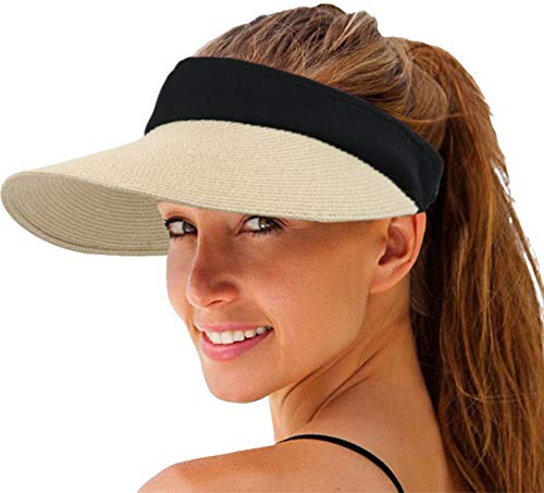 Women Straw Sun Visor Hat Wide Brim Summer UV Protection Beach Cap Foldable Packale Korean Style Beige