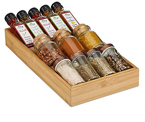 Relaxdays Gewürzregal für Schublade, 3 Stufen, liegend, aus Bambus, HxBxT: 5x20x37 cm, Gewürzschubladeneinsatz, natur