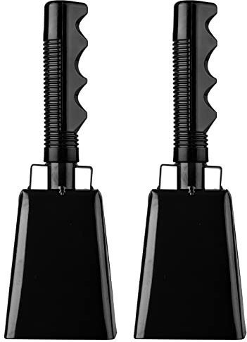 Musfunny Stahl Kuhglocke mit Griff, 2 Stück Metall Kuh Glocken 8 Zoll Groß Jubelnde Handglocke für Fußball Spiele Sportveranstaltungen Party Farm Musikinstrument (Schwarz)