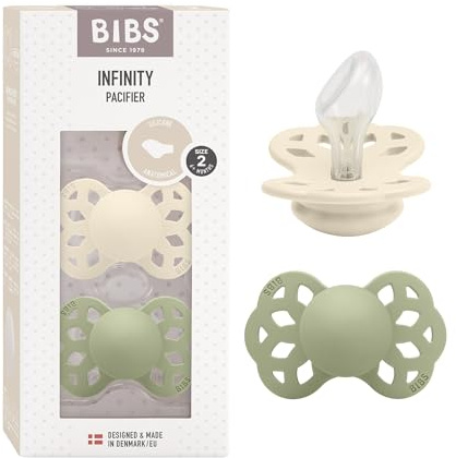 BIBS Infinity Anatomical Soother 2-Pack, BPA Free, Orthodontic Silicone Nipple, Orthodontic Nipple. Silicone, Made in Denmark, 6-18 Months (Pack of 2), Ivory/Sage