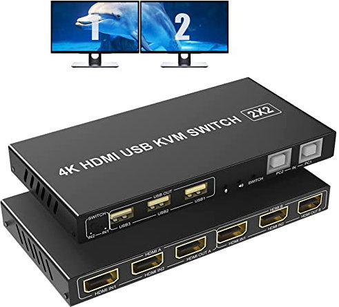 Dual Monitor HDMI KVM Switch, 2 PC 2 Monitor Switch 4K@60Hz, Extended Display HDMI KVM Switch Dual Monitor 2 in 2 Out mit USB und Audio Port, 2 Ports HDMI KVM Switch mit Controller, 2x Typ B Kabel