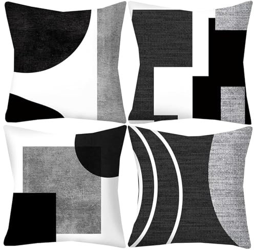 LOHDALOLF Black and White Grey Cushion Covers 45x45 cm Set of 4 Geometric Cushion Cases Abstract Decorative Pillow Covers for Sofa Couch