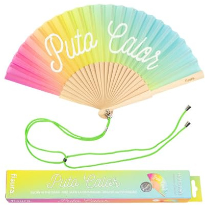 Fisura - Éventail original avec message en espagnol p*to calor. Eventail moderne et amsuant en bois. Eventail pliant arc-en-ciel multicolore. Phosphorescent. Dimensions : 42,5 x 23 cm.