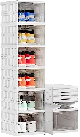 Harmon Wandyer Shoe Storage Organizer Box 6-Tier Foldable Collapsible Stackable Shoe Rack Bins, Fit Size 12, No Assembly, for Men and Women
