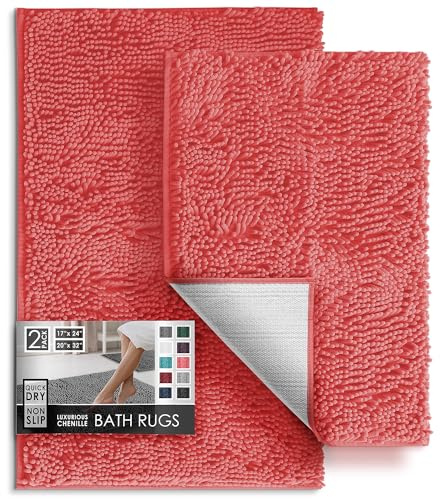 Hearth & Harbor Bathroom Rugs, Chenille Bath Mat - Machine Washable Bath Mats for Bathroom Non-Slip Backing Rubber, Quick Dry Bathroom Mat, Small - Medium Rose