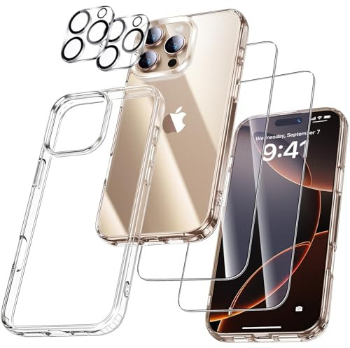 UniqueMe für iPhone 16 Pro Max Hülle - Handyhülle für iPhone 16 Pro Max Case, 5 in 1 Set Rundumschutz Schutzhülle Cover,1 Handyhülle & 2 Schutzfolie & 2 Kameraschutz - Transparent