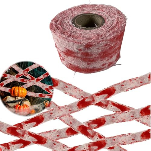 GUOYOU Deko Blutige Gaze Dekoration 8 cm X 10 m weißes Horror-Tuch Mit Blutigen Handabdrücken Gruseliges,Kriechende Geisterpropie Party Decor
