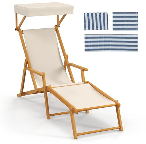 COSTWAY Foldable Sun Lounger, Garden Chaise Lounge Chair with Adjustable Canopy, Reclining Backrest, Footrest and Replacements, Solid Birch Wood Outdoor Sunbathing Recliner Chair for Patio Beach Deck