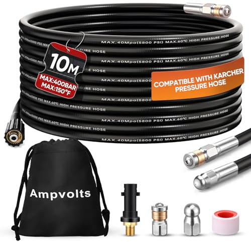 Ampvolts 10M Déboucheur Canalisation Haute Pression - 400 Bar/5800 PSI, Compatible avec Nettoyeurs Haute Pression karcher K2 K3 K4 K5 K6 K7 - Pour un Nettoyage Facile des Tuyaux et Éviers Obstrués
