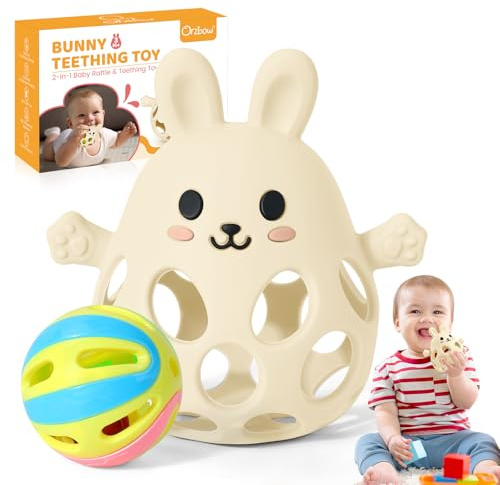 Orzbow Bunny Teether for Baby, Easter Teether with 2 in 1 Rattle & Teething, Easy Grasp Teething Mittens for Babies 3-12 Months, Food Grade Silicone, Newborn Infant Easter Basket Stuffers Gifts, Cream