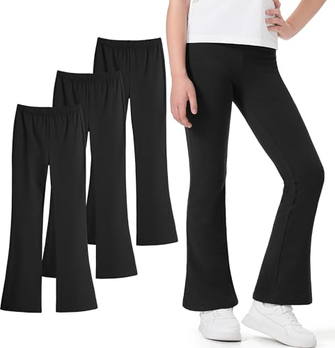 Auranso Girls Flared Leggings Kids Cotton Dance Yoga Bell Bottoms Athletic Pants, Black, 12-13 Years