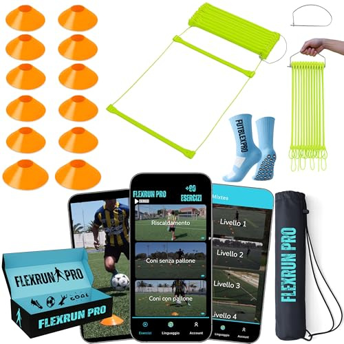 Kit allenamento calcio per bambini e adulti – Include app con video interattivi e routine, scala agilità, 12 coni, calze antiscivolo, borsa da trasporto e scatola regalo premium