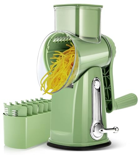 Rotary Cheese Grater,Vegetable Slicer with 5 Interchangeable Blades,Strong Suction Base,Rotary Drum Grater&Food Shredder for Kitchen,with Blade Storage Box-Ideal for Cheese,Potato,Carrot,Nut