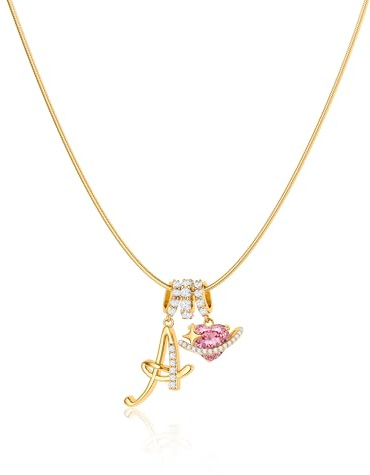 Robaice 14K Gold Plated Initial Necklace for Women, Pink Planet Heart Letter Pendant with Round Herringbone Chain, Non-Tarnish Jewelry Gifts, Style A