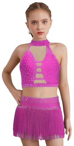 Miaeowve Abito da danza latina ragazza senza maniche abito da ballo strass glitter top corto senza pancia con frange nappe gonna avvolgente per spettacolo sul palco, Rosa acceso., 134-140 cm