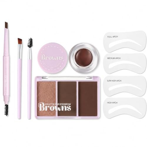Makeup-set för ögonbryn, 3-färgers ögonbrynspalett + brun ögonbrynspassad, dubbelsidig ögonbrynspenna, 2 ögonbrynspennor, brow kit för naturliga, definierade ögonbryn