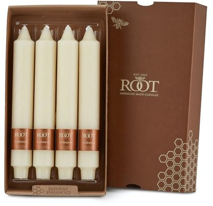 Root Candles 4-Count Unscented Dinner Candles Dripless Beeswax Enhanced Timberline™ Collenette Boxed Candle Set, 9-Inch, Ivory