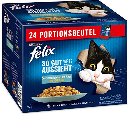 FELIX So gut wie es aussieht Katzenfutter nass Geschmacksvielfalt aus dem Wasser in Gelee mit Lachs, Scholle, Kabeljau und Thunfisch, 4er Pack (4 x 24 Beutel à 85g)
