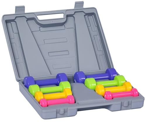 HOMCOM Ensemble d'haltères courtes total 10 Kg - paires de 0,5/1/1,5/2 Kg avec malette - entraînement musculaire & haltérophilie - métal PU multicolore