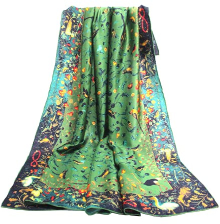 ANDANTINO 100% Pure Mulberry Silk Scarf 43 Large Square Lightweight Headscarf& Shawl–Women Hair Wraps-With Gift Packed (Jade Green-Birds)