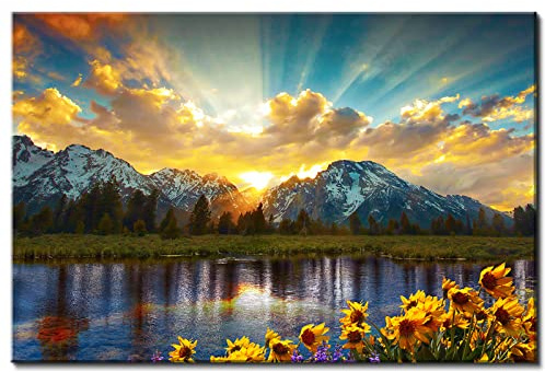 Nature Mountain Wall Art for Living Room, National Park Sunflower Landscape Canvas Picture Wall Decor 12x16, Sunset Grand Teton Lake Prints Painting Framed Artwork for Kitchen Bedroom Home Decoration