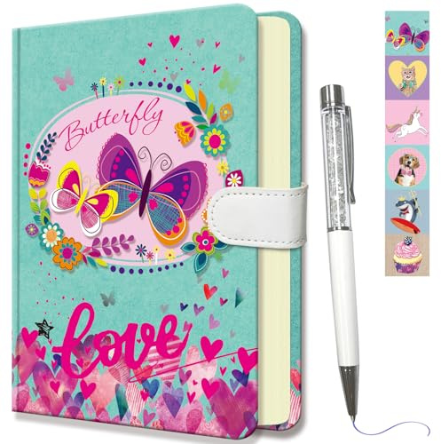 DWIYITTN Notizbuch Kinder Mädchen, 19x13,5cm Schmetterling Tagebuch Kinder Liniert 96 Blatt Klein Notizblock mit Stift und Magnetverschluss Notizbücher set Geschenke für Teenager Mädchen, 80 g/m²