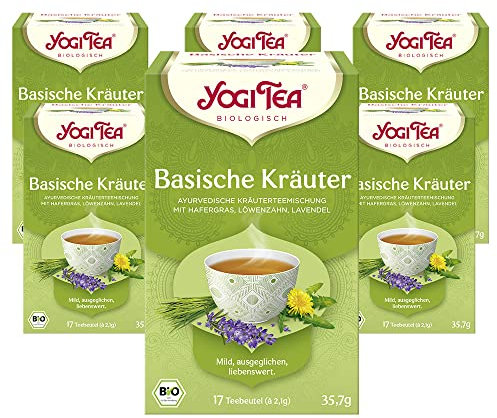 YOGI TEA, Basische Kräuter, Ayurvedischer Bio Gewürz- und Kräutertee, von Natur aus koffeinfrei, Mischung aus Löwenzahn, Brennnessel, Lavendel, Yogi Tee 6er Pack, 6x17 Beutel (102 Teebeutel insgesamt)