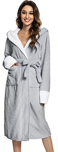 Tuopuda Vestaglia Lunga Donna in Pile con Cintura, Accappatoio da Donna in Morbido Pile, Spugna Pigiama Flanella Invernale per Casa Spa Hotel, grigio chiaro