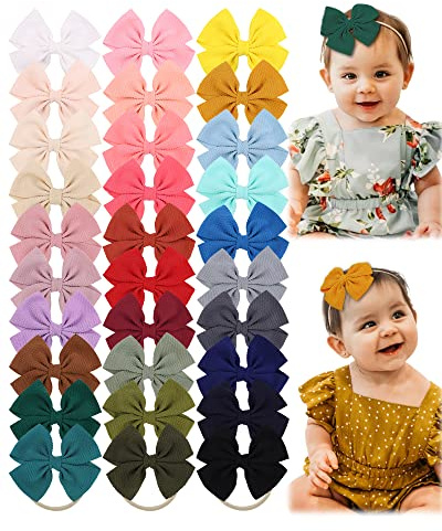 jollybows 30pcs Baby Girls Hair Bows Headband Nylon Hair Band Elastic Hair Accessories for Kids Infants Toddlers