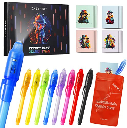 DazSpirit 8pcs Penna Inchiostro Invisibile e Taccuino, Tema Investigativo Penna Invisibile con Luce Gadget Compleanno Bambini, Penne Invisibili per Scrivere Messaggi Segreti (DB0002)