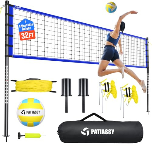 Outdoor Volleyball Net Set for Backyard & Beach, 32FT Regulation Size, Easy Setup Adjustable Height Poles, Portable Net System with PU Volleyball, Pump & Carry Bag