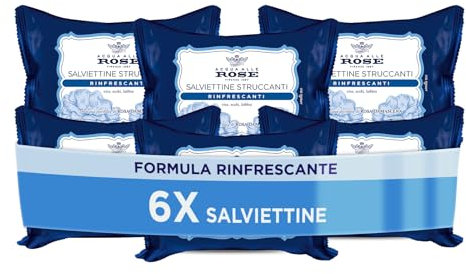 Acqua alle Rose, Erfrischende Make-up-Entferner-Tücher für alle Hauttypen, mit destilliertem Damaszener-Rosenwasser, Make-up-Entferner auf Gesicht, Augen und Lippen – 6 Packungen mit je 20 Tüchern