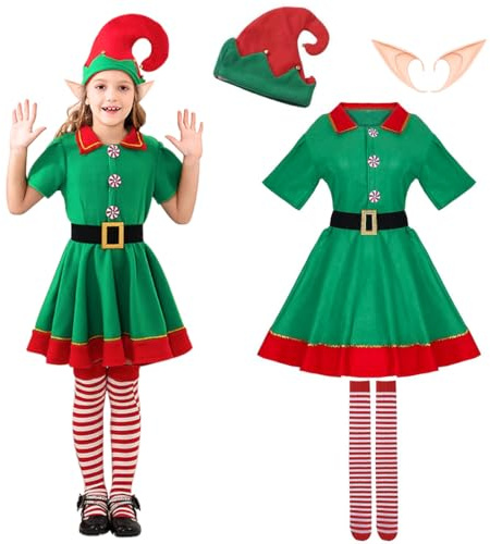 Costume d'elfe de Noël pour enfant - Costume de Noël pour fille et femme - Bonnet d'elfe - Robe d'elfe de Noël - Costume de carnaval et cosplay - Cadeau pour Halloween (140)
