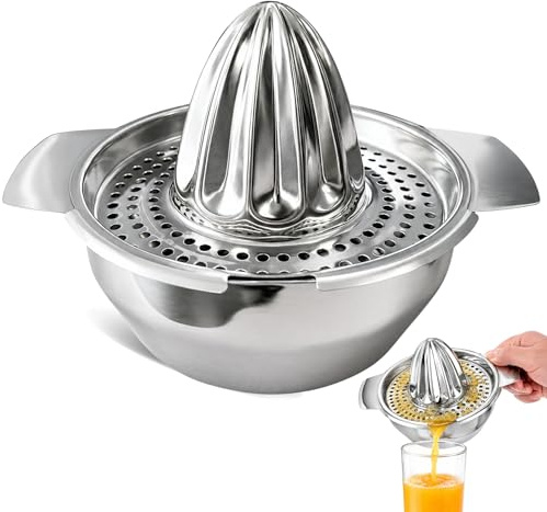 CHEFZOCO Exprimidor Manual, Exprimidor Naranja, Exprime Limón y Cítricos, Recipiente exprimidor, Utensilio de cocina, Acero Inoxidable 304, Plateado, 300ml