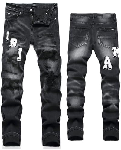 Generic Ripped Distressed, jeans för män för män Stretch Slim Fit Denim Comfort Flex Midja Byxor Strechy Normal Fit Avsmalnande ben,Black,30