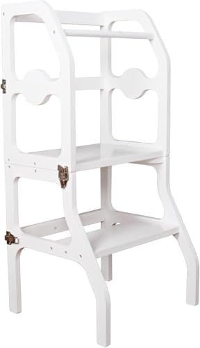 HYGRAD Toddlers Step Stool Table Set Kids Step Frame Kitchen Nursery Step Stool Wooden 2 in 1 Table & Bench Set & High Step Stool Nursery Furniture (White)