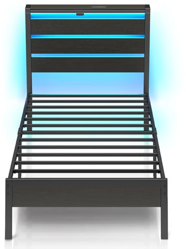 Rolanstar Metallbett mit LED Beleuchtung & USB/USB-C-Ladefunktion, Modernes Bettgestell mit Stauraum, Stabiler Bettrahmen, Schwarz Einzelbett 90x200cm