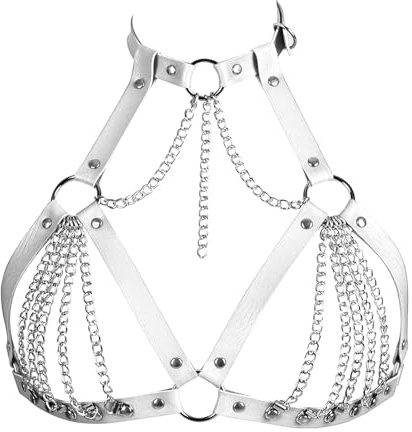Harnais de corps punk gothique en cuir - Chaîne de poitrine réglable - Sangle de taille pour femme - Accessoire de lingerie gothique, blanc, taille unique