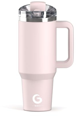 BIGRD Gourde Mug Isotherme avec Paille et Bouchon Anti-gouttes 1.2L,Tasse Isotherme pour Café étanche en acier inox,Gobelet Sans BPA,Rose