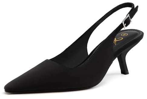Athlefit Women's Low Kitten Heels Closed Pointed Toe Slingback Dress Pumps Shoes for Wedding Work Office, Black Suede, Size 8, SAPU2614W