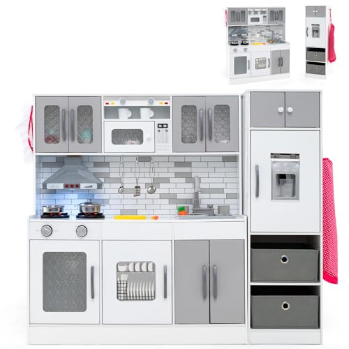 RELAX4LIFE Cucina Giocattolo per Bambini, Effetti Sonori e Luminosi, Cucina in Legno con Sistema di Circolazione dell'Acqua, Frigorifero, 2 Cestini in Tessuto, Cucina Modulare per 3+ Anni (Grigio)