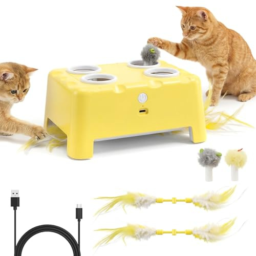 2-in-1 Cheese Box Shaped Interactive Cat Toys for Indoor Cats – 4-Hole Mole & Rotating Feather | USB Rechargeable Electronic Cat Toy for Bored Indoor Adult Cats & Kittens, Cat Whack a Mole Toy, Yellow