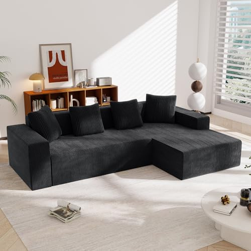 Sofá nube modular totalmente comprimido en forma de L con tumbona, sofá de asiento profundo, sofá tapizado sin hueso, sofá moderno para salón y dormitorio (negro + 3 asientos)