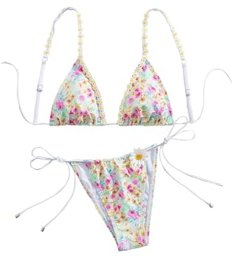 GORGLITTER Women's Floral Bikini Sets Sexy Applique Halter Triangle Swimsuit Cheeky String Tie Side Bathing Suit Multicolor Large
