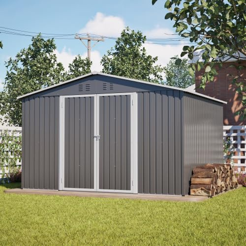 Großes Geräteschuppen aus Metall 10x8 Fuß, Gartenhaus mit Schiebetür, wetterfester Stahlblech-Schuppen für Rasenmäher und Fahrräder, Garten Lagerhaus