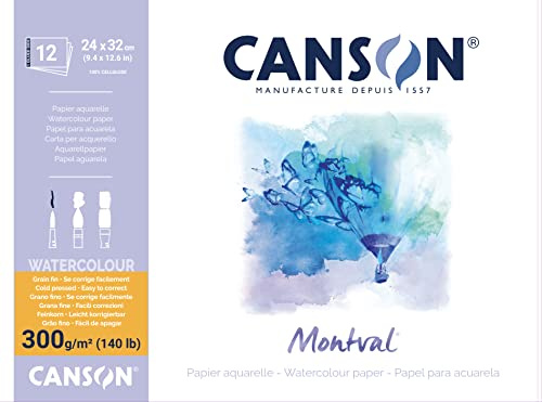 Canson Montval - Blocco per acquerello,guazzo,acrilico , collato lato corto 24 x 32 cm, 12 fogli, 300 g/m² grana fine