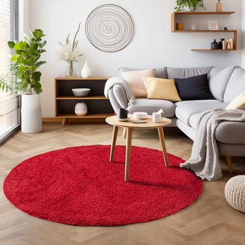 SIMPEX Flauschiger Teppich Wohnzimmer Schlafzimmer Läufer Flur Esszimmer Küchenteppich Hochflor Einfarbig Modernes Design 30 mm Florhöhe Kuschelweich, Rot, 200 cm Rund