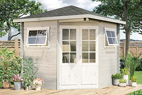 Alpholz 5-Eck Gartenhaus Sunny-B aus Massiv-Holz Naturbelassen, Gerätehaus mit 28 mm Wandstärke, Garten Holzhaus inklusive Montagematerial, Geräteschuppen 250 x 250 cm, Spitzdach