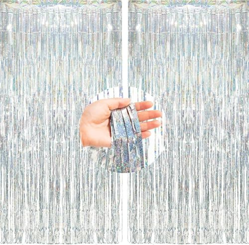 BRAVESHINE Prom Decorations 2026 Silver Tinsel Foil Fringe Curtains- 2Pcs 3.2x8.2ft Metallic Photo Backdrop Party Supplies for Birthday Disco Ball Decorations Graduation Hen Frozen Party Decorations
